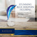 Murano Style Art Glass 19" Tall Blue Dolphin On Clear "Wave'Base-J600