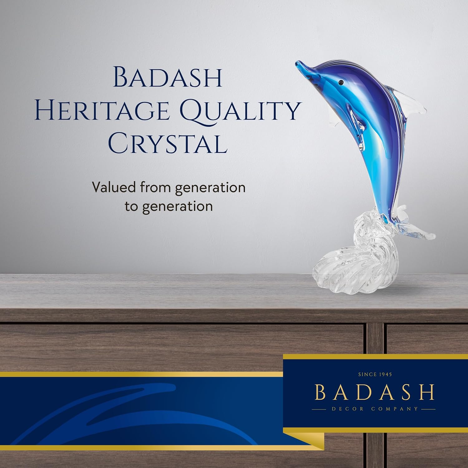 Murano Style Art Glass 19" Tall Blue Dolphin On Clear "Wave'Base-J600