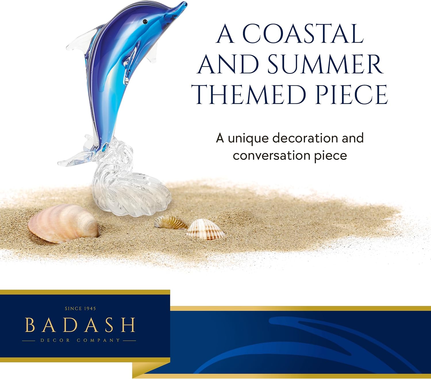 Murano Style Art Glass 19" Tall Blue Dolphin On Clear "Wave'Base-J600