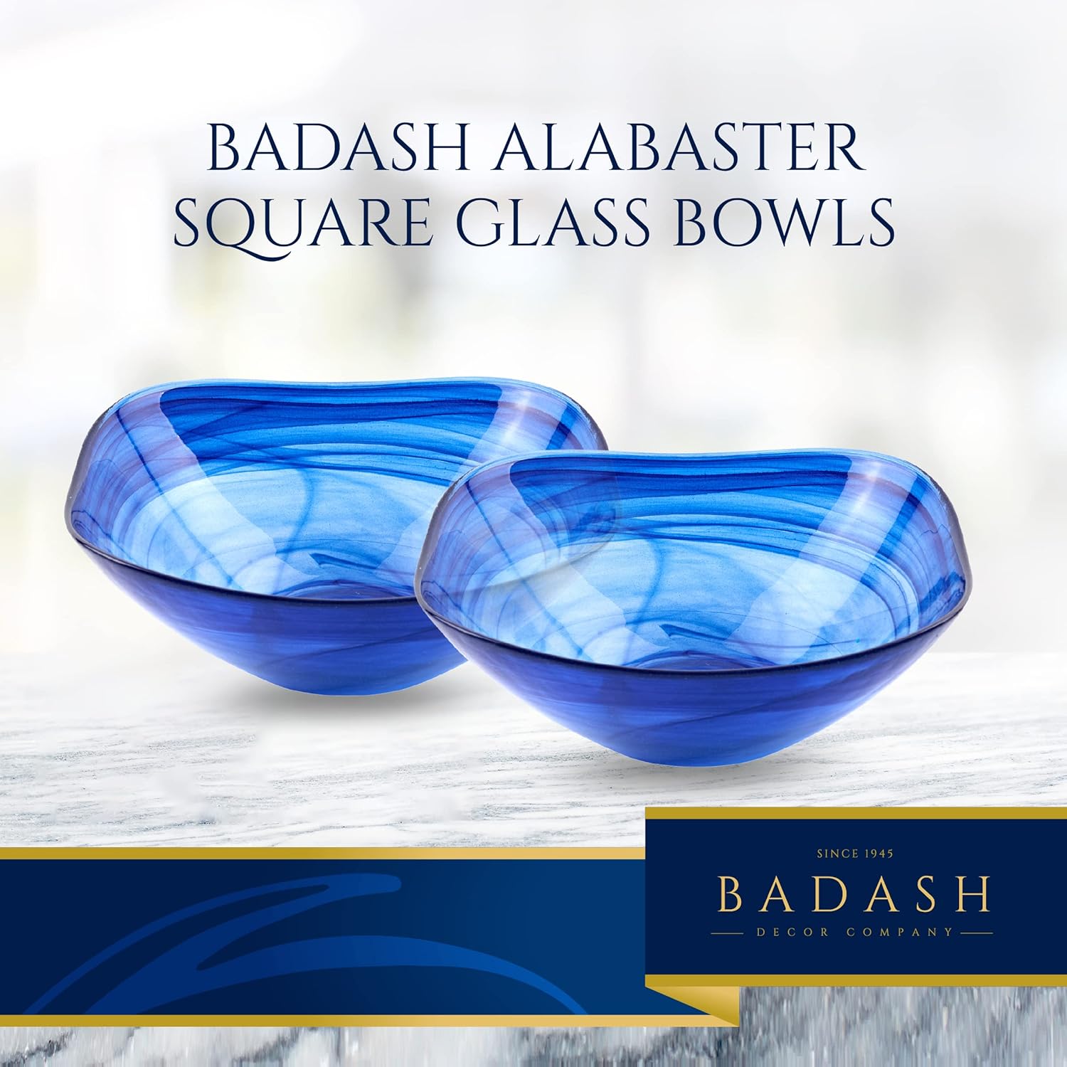 Pair of Cobalt Blue Alabaster Glass 6" Squarish Salad or Candy Bowls-P261