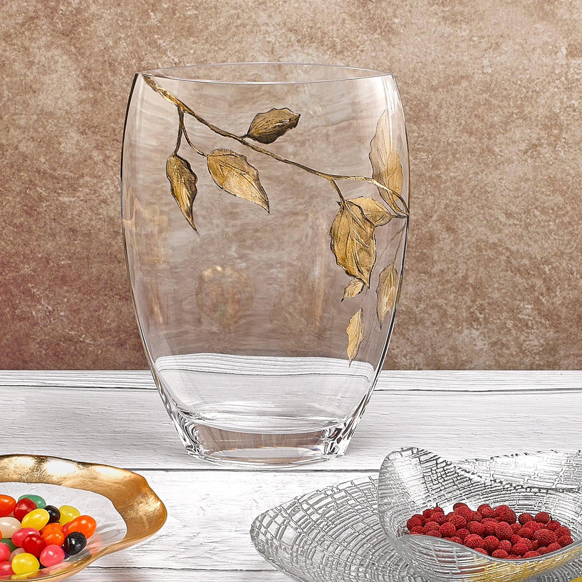 Gold Leaves Mouth Blown and Hand Decorated European 12" Vase-CD120