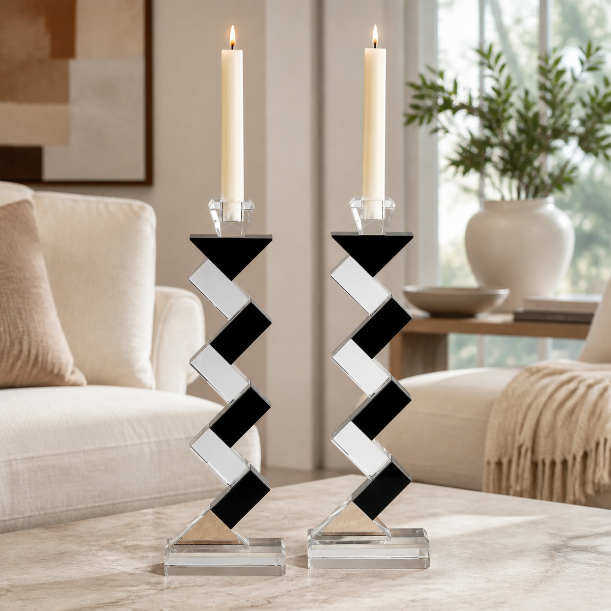 Angela Pair of 14" Black Accent Crystal Candlesticks - YD351