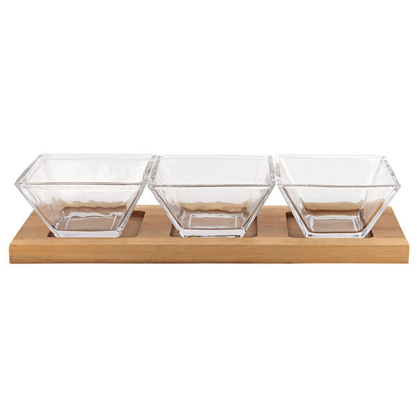 Hostess Set - 4 pc With 3 Glass Condiment or Dip Bowls on a Wood Tray