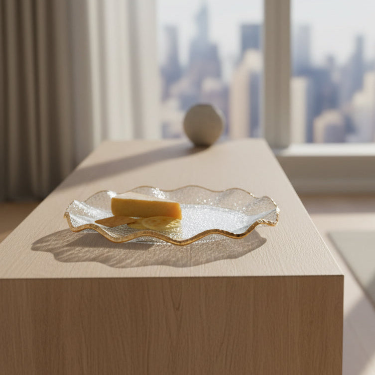 Goldedge Hand Decorated Gold Leaf Edge Mouth Blown Textured Glass 13" Round Wavy Platter or Charger