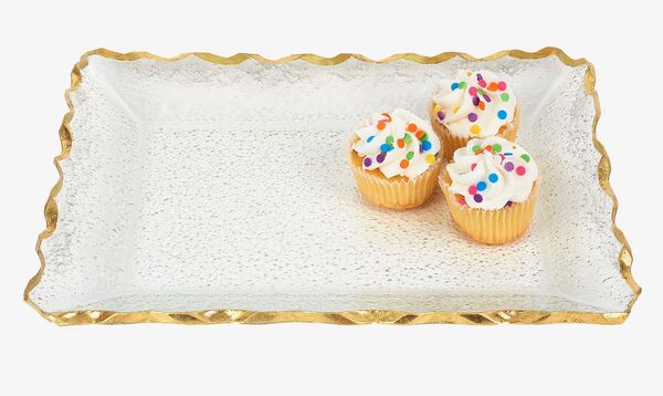 Goldedge Hand Decorated Gold Leaf Edge Rectangular Blown Glass 14 x 10" Serving Platter or Tray