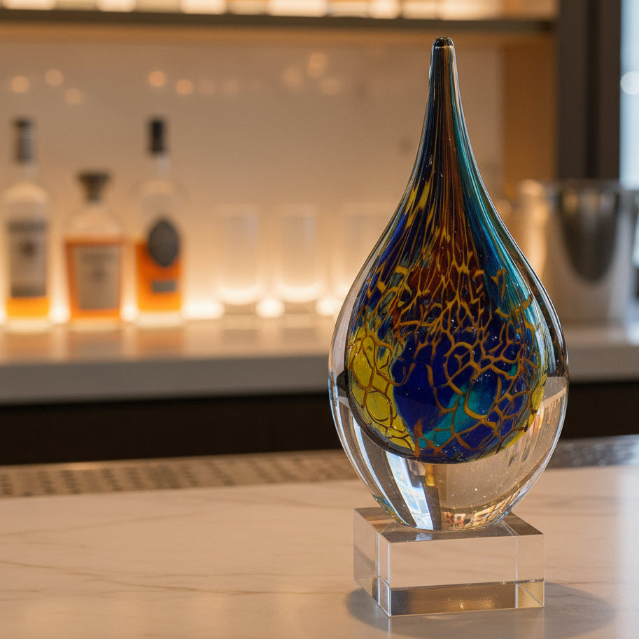 Firestorm Murano Style Art Glass 12" Teardrop on Crystal Base