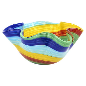 Rainbow Murano Style Art Glass 10" Wavy Bowl