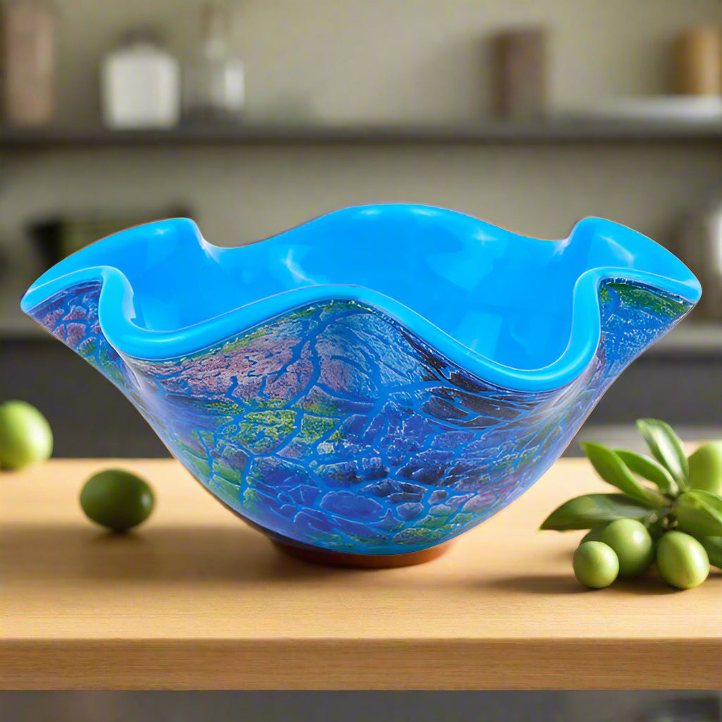 Murano Style Art Glass Cool Firestorm Bowl 9"D X 4"H