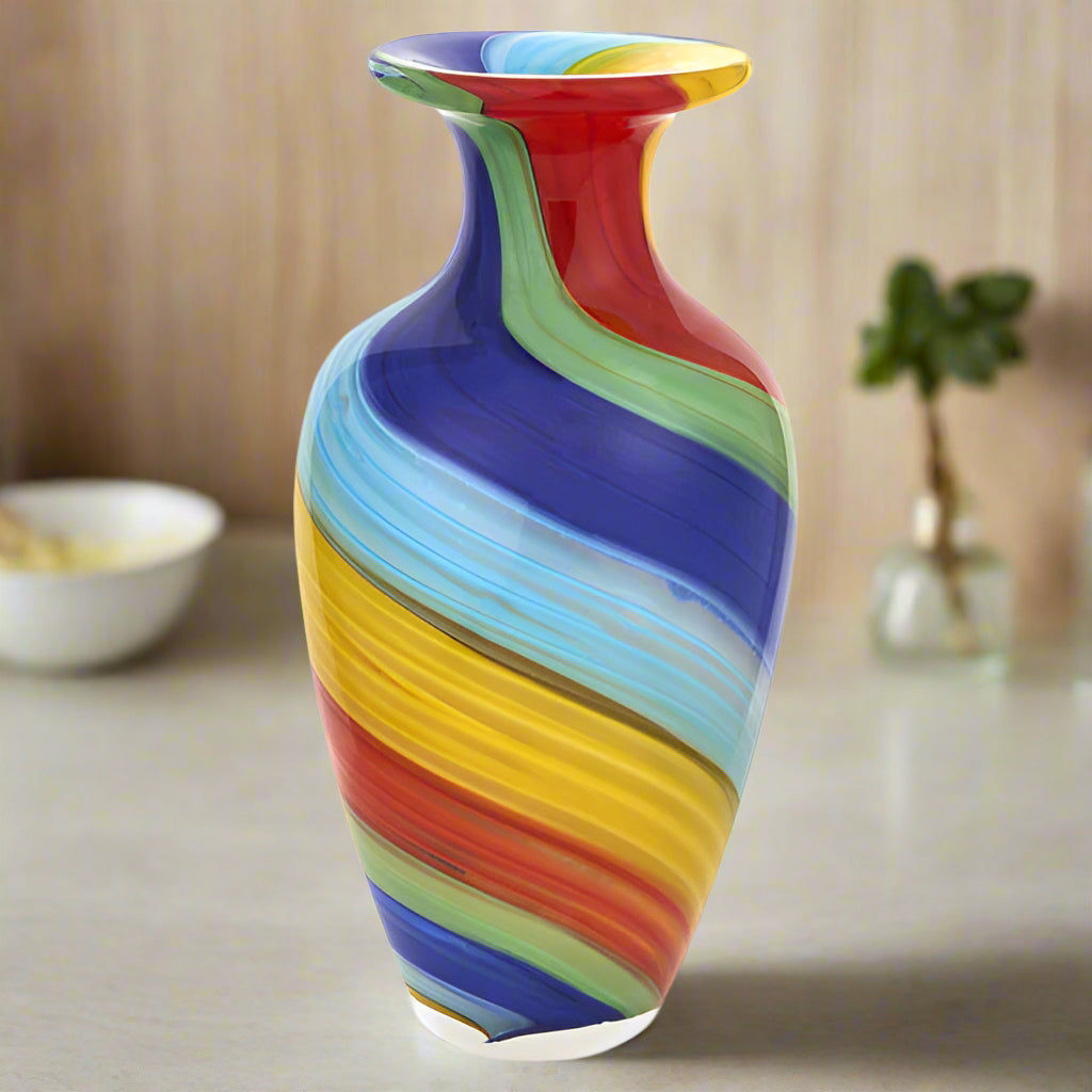 Rainbow Murano Style Art Glass Urn Shape 10.5" Decorative Vase