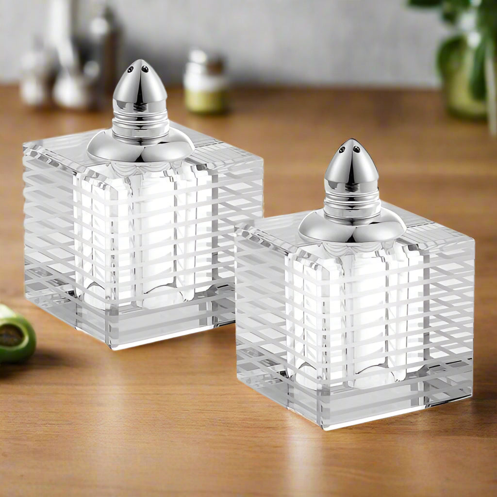 Pinstripes Platinum Handmade Lead Free Crystal Pair of Salt and Pepper Shakers - H2.75