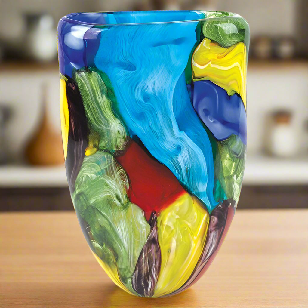Stormy Rainbow Murano Style Art Glass 11" Oval Vase