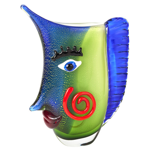 Murano Style Art Blue and Green Glass Side Face 12.5" Vase