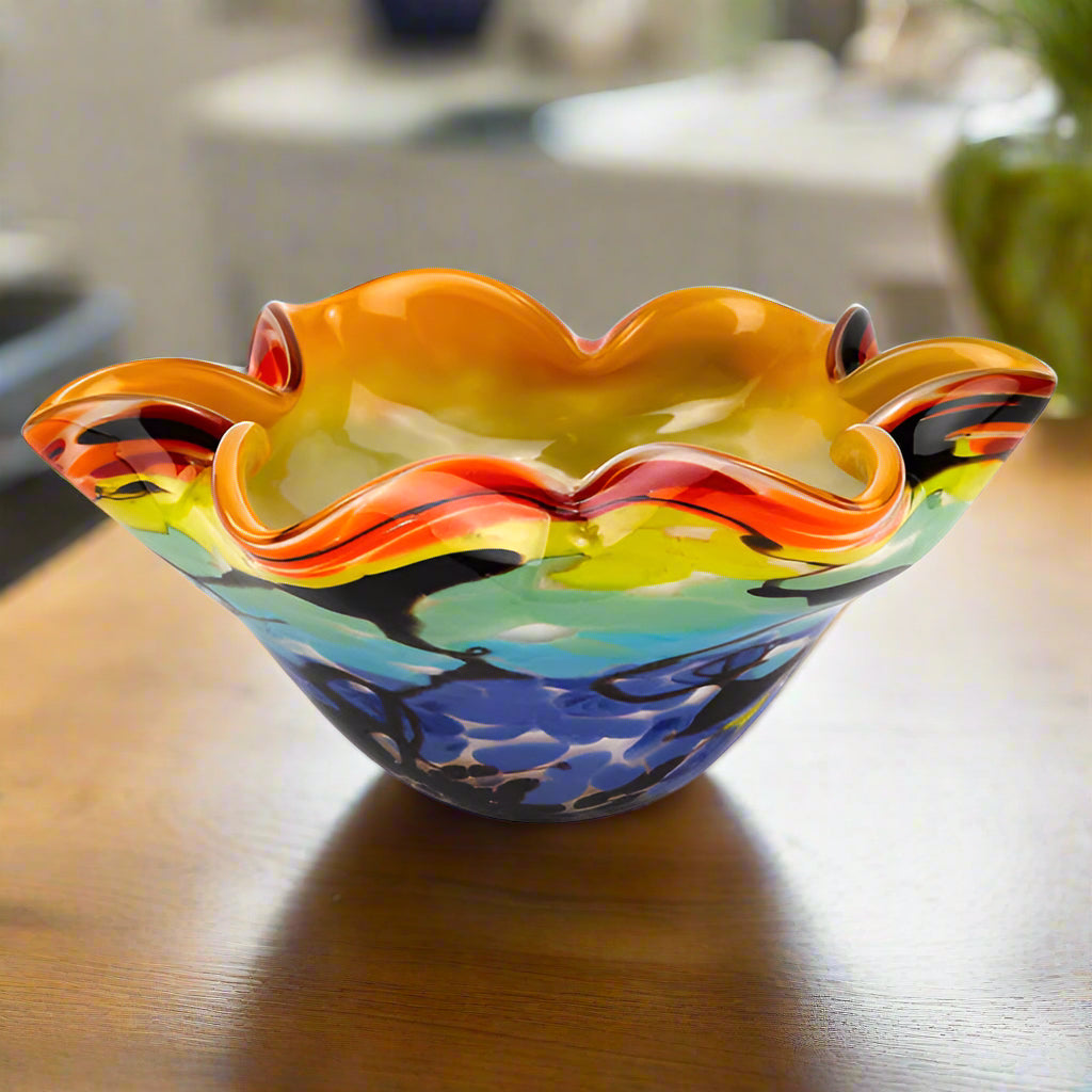 Allura Murano Style Art Glass Wavy 8.5 inch Centerpiece or Candy Bowl