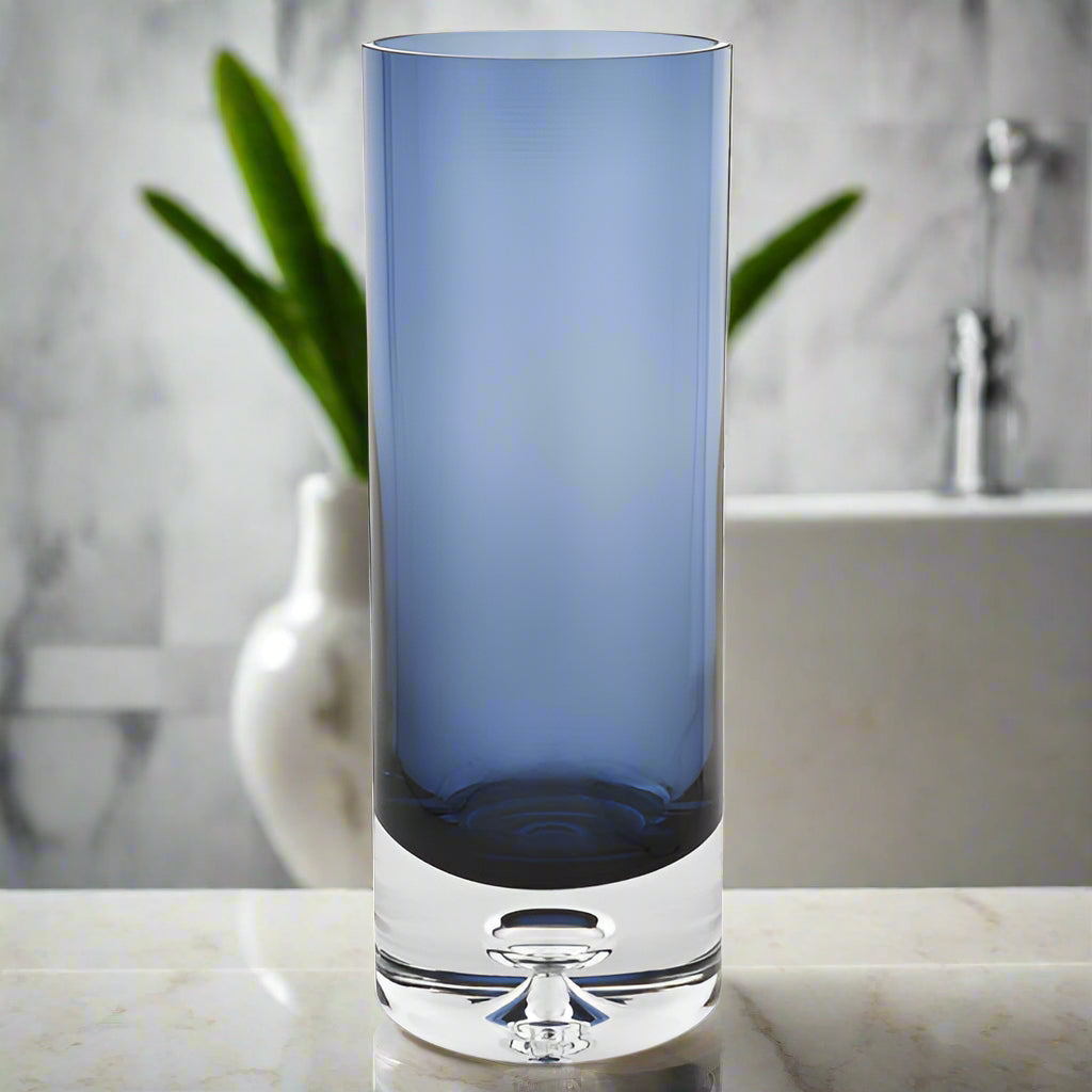 Galaxy European Mouth Blown Lead Free Crystal Midnight Blue Cylinder Vase 10.5" X 3