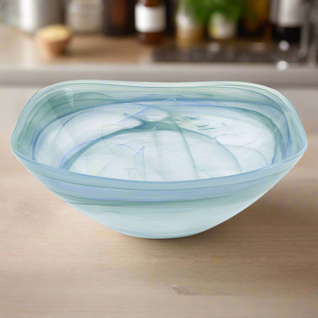 Aqua Blue Alabaster Glass 10" Squarish Salad or Serving Bowl
