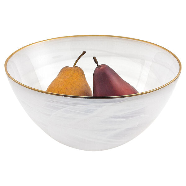 White Alabaster 10" Glass Fruit or Salad Bowl With Gold Rim