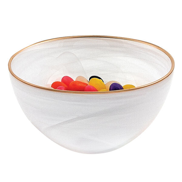 White Alabaster 6" Glass Bowl With Gold Rim
