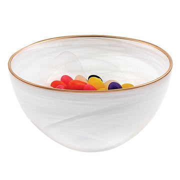 White Alabaster 6" Glass Bowl With Gold Rim