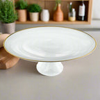 White Alabaster 13" Footed Glass Cakestand With Gold Rim