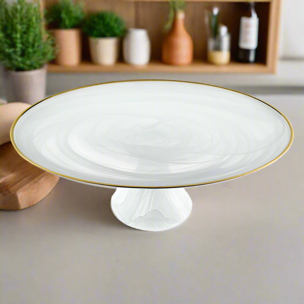 White Alabaster 13" Footed Glass Cakestand With Gold Rim