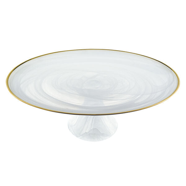 White Alabaster 13" Footed Glass Cakestand With Gold Rim