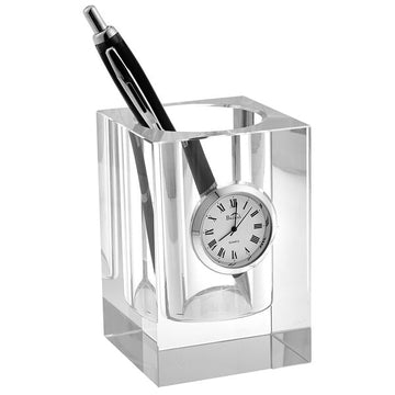 Crystal Pen or Pencil Holder with Clock 3.5